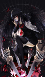 Rule 34 | 1girl, bad id, bad pixiv id, black hair, black nails, black shirt, black skirt, black thighhighs, black wings, bug, butterfly, commentary, feathered wings, feathers, highres, insect, jacket, jacket on shoulders, lance, long hair, long sleeves, nail polish, neckerchief, neon (pixiv 31150749), original, polearm, red butterfly, red eyes, red nails, school uniform, serafuku, shirt, shoes, skirt, solo, symbol-only commentary, thighhighs, weapon, white jacket, wings, zettai ryouiki