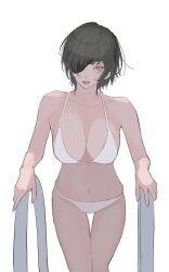 Rule 34 | 1girl, alternate costume, bikini, black hair, breasts, chainsaw man, cleavage, collarbone, eyepatch, feet out of frame, highres, himeno (chainsaw man), large breasts, looking at viewer, navel, one eye covered, pool ladder, short hair, simple background, smile, solo, stomach, swimsuit, white background, white bikini, yumiki