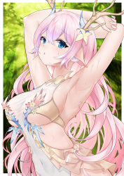 Rule 34 | 1girl, absurdres, animal ears, antlers, armpits, arms up, blue eyes, breasts, chinese commentary, commentary request, copyright request, covered navel, flower, gradient hair, hair between eyes, hair flower, hair ornament, highres, horns, large breasts, leotard, long hair, looking at viewer, mikawa sansen, multicolored hair, parted lips, pink hair, purple hair, solo, sweat, upper body, very long hair, white leotard, yellow flower