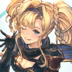 Rule 34 | 1girl, ;p, black gloves, blonde hair, blue eyes, braid, breasts, cleavage, elbow gloves, gloves, granblue fantasy, hair intakes, hairband, highres, large breasts, long hair, one eye closed, purple hairband, shimatani azu, solo, tongue, tongue out, twintails, upper body, zeta (granblue fantasy)