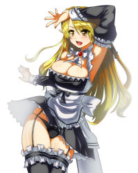 Rule 34 | 1girl, :o, alternate costume, apron, arm up, armpits, bad id, bad pixiv id, black panties, black thighhighs, blonde hair, breasts, bridal garter, detached collar, detached sleeves, elsword, enmaided, frills, garter straps, large breasts, long hair, maid, maid apron, open mouth, panties, pinyshi, rena erindel, skindentation, solo, thigh strap, thighhighs, underwear, white background, yellow eyes