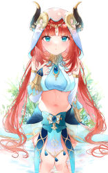 Rule 34 | 1girl, :o, absurdres, bare shoulders, blue eyes, blunt bangs, blush, breasts, brooch, detached sleeves, dot nose, feet out of frame, forehead jewel, genshin impact, hand up, highres, horns, index finger raised, jewelry, long hair, long sleeves, looking at viewer, low twintails, medium breasts, navel, neck ring, nilou (genshin impact), outdoors, parted bangs, pelvic curtain, pointing, pointing at self, puffy long sleeves, puffy sleeves, red hair, sitting, skirt, solo, stomach, tsuyuri eri, twintails, vambraces, veil, vision (genshin impact), water, wet, wet clothes, wet hair, white background, white headdress