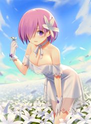 Rule 34 | 1girl, bare shoulders, blue sky, blush, breasts, bug, butterfly, choker, cleavage, cloud, day, dress, fate/grand order, fate (series), female focus, flower, gloves, hair flower, hair ornament, hair over one eye, hand up, highres, bug, large breasts, leaning forward, lips, looking at viewer, matching hair/eyes, matthew kyrielite, open mouth, outdoors, petals, purple eyes, purple hair, short hair, sky, smile, solo, source request, standing, white dress, white flower, white gloves, white neckwear