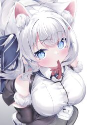 Rule 34 | 1girl, absurdres, animal ear fluff, animal ears, black thighhighs, blue eyes, blue ribbon, blush, breasts, detached sleeves, extra ears, fang, fox ears, fox girl, fox tail, fur-trimmed sleeves, fur trim, gloves, hair ornament, hair ribbon, highres, konagi (konotuki), large breasts, long hair, looking at viewer, mouth hold, neck ribbon, one side up, original, own hands clasped, own hands together, red ribbon, ribbon, shirt, skin fang, solo, tail, thighhighs, white gloves, white hair, white shirt, x hair ornament