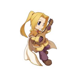 Rule 34 | 1boy, bard (ragnarok online), belt, blonde hair, blue eyes, brown cape, brown footwear, brown gloves, brown pants, brown shirt, cape, chibi, closed mouth, full body, gloves, high ponytail, holding, holding instrument, instrument, layered sleeves, long hair, long sleeves, looking at viewer, lute (instrument), male focus, official art, pants, pants under shorts, parted bangs, ponytail, ragnarok online, shirt, shoes, short over long sleeves, short sleeves, shorts, simple background, smile, solo, standing, tachi-e, transparent background, white cape, yuichirou