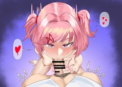 Rule 34 | 1boy, 1girl, bar censor, blush, breasts, censored, clothed male nude female, clothed sex, doki doki literature club, fellatio, heart, hetero, looking at viewer, male pubic hair, medium hair, natsuki (doki doki literature club), nipples, nude, open mouth, oral, penis grab, pink eyes, pink hair, pov, pubic hair, sex, small breasts, speech bubble, sweat, thought bubble, twintails