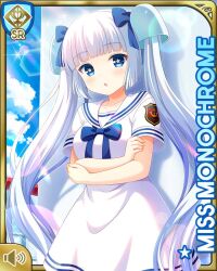 Rule 34 | 1girl, black footwear, blue bow, blue eyes, blunt bangs, bow, card, character name, day, dress, girlfriend (kari), kneehighs, miss monochrome, miss monochrome (character), ocean, official art, open mouth, outdoors, qp:flapper, sailor dress, ship, socks, solo, tagme, twintails, watercraft, white dress, white hair