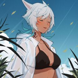 Rule 34 | 1girl, animal ears, bikini, black bikini, blue sky, blush, breasts, cat ears, closed eyes, closed mouth, commentary, day, english commentary, facial mark, final fantasy, final fantasy xiv, highres, hood, hood down, hooded jacket, jacket, large breasts, lipstick, lyra-kotto, makeup, miqo&#039;te, open clothes, open jacket, outdoors, red lips, short hair, sky, smile, solo, swimsuit, upper body, whisker markings, white hair, white jacket, y&#039;shtola rhul