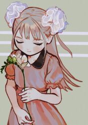 Rule 34 | 1girl, blonde hair, closed eyes, closed mouth, collarbone, collared dress, commentary, dress, english commentary, facing viewer, film grain, flesh blood &amp; concrete, flower, frilled sleeves, frills, grey background, hair ornament, hair scrunchie, hand up, holding, holding flower, io (onisarashi), light smile, long hair, muted color, nika (flesh blood &amp; concrete), official art, pink dress, puffy short sleeves, puffy sleeves, scrunchie, short sleeves, solo, striped, striped background, two side up, u u, upper body, white flower, white scrunchie, wing collar