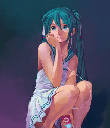 Rule 34 | 1girl, aqua eyes, aqua hair, bare shoulders, closed mouth, collarbone, digital media player, dress, earbuds, earphones, hair between eyes, hair ribbon, hatsune miku, head rest, holding, ipod, long hair, multicolored background, reise, ribbon, sailor collar, sailor dress, simple background, skirt, solo, squatting, twintails, vocaloid, white dress, white ribbon