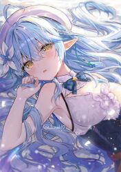 Rule 34 | 1girl, ahoge, bare shoulders, beret, blue bow, blue bowtie, blue hair, blush, bow, bowtie, breasts, cleavage, cleavage cutout, clothing cutout, flower, frills, hair between eyes, hair flower, hair ornament, hat, heart, heart ahoge, highres, hololive, large breasts, long hair, looking at viewer, luna (luna610), lying, multicolored hair, on back, open mouth, parted lips, pointy ears, shirt, sleeveless, solo, streaked hair, twitter username, upper body, very long hair, virtual youtuber, white flower, white hat, yellow eyes, yukihana lamy, yukihana lamy (1st costume)