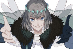 Rule 34 | 1058hoshi, 1boy, blue eyes, buttons, closed mouth, crown, diamond hairband, dragonfly wings, dress shirt, fate/grand order, fate (series), grey hair, highres, male focus, nostrils, oberon (fate), reaching, reaching towards viewer, shirt, simple background, smile, solo, white background