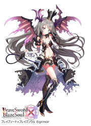 Rule 34 | 1girl, bandages, black dress, black footwear, blush, boots, brave sword x blaze soul, breasts, copyright name, crown, demon horns, demon wings, detached collar, dress, floating hair, frilled dress, frills, gaou (umaiyo puyoman), grey eyes, grey hair, hand up, high heel boots, high heels, highres, holding, holding tail, horns, light frown, long hair, looking at viewer, navel, official art, small breasts, solo, standing, striped clothes, striped dress, tail, thigh boots, thighhighs, torn clothes, torn dress, vertical-striped clothes, vertical-striped dress, watermark, wings
