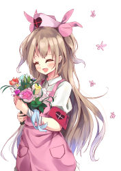 Rule 34 | 1girl, :d, ^ ^, absurdres, apron, armband, bandaged arm, bandages, blue flower, blush, brown hair, closed eyes, collared shirt, fang, flower, hair ornament, hamaru (s5625t), hat, heart, highres, long hair, natori sana, nurse cap, open mouth, pink apron, pink flower, pink hat, pink rose, puffy short sleeves, puffy sleeves, rabbit hair ornament, red flower, rose, safety pin, sana channel, shirt, short sleeves, simple background, smile, solo, two side up, very long hair, virtual youtuber, white background, white shirt, yellow flower, yellow rose