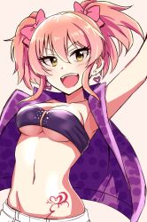 Rule 34 | 1girl, arm up, bandeau, bow, breasts, cleavage, earrings, eyelashes, hair bow, heart, heart earrings, heart tattoo, hip focus, idolmaster, idolmaster cinderella girls, jewelry, jougasaki mika, keikesu, long hair, medium breasts, midriff, navel, open clothes, open vest, pink bow, pink hair, purple vest, sidelocks, simple background, smile, solo, stomach tattoo, strapless, tattoo, tube top, twintails, underboob, vest, yellow eyes