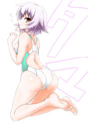 Rule 34 | 10s, 1girl, alternate costume, ass, bad id, bad pixiv id, barefoot, blush, character name, competition swimsuit, dakku (ogitsune), full body, kantai collection, looking at viewer, one-piece swimsuit, purple hair, red eyes, short hair, simple background, solo, swimsuit, tama (kancolle), white background