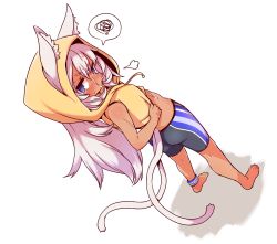 Rule 34 | 1girl, animal ear fluff, animal ears, ankleband, ass, barefoot, bike shorts, black hair, black shorts, blue eyes, blush, cat ears, cat tail, dark-skinned female, dark skin, done (donezumi), feet, from above, from behind, highres, hood, hoodie, long hair, looking at viewer, looking back, looking up, multiple tails, nekomata, orange hoodie, orange shirt, original, pink hair, shirt, shirt tug, shorts, simple background, sleeveless, sleeveless hoodie, sleeveless shirt, solo, spoken squiggle, squiggle, suggestive fluid, tail, toes, two tails, white background