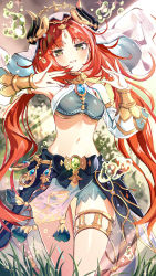 1girl bare_shoulders blue_skirt blush breasts brooch commentary_request cowboy_shot crop_top detached_sleeves genshin_impact grass grey_eyes grin highres horns jewelry long_hair long_sleeves looking_at_viewer medium_breasts midriff navel nilou_(genshin_impact) red_hair ryoma_(rym_369) skirt smile solo standing stomach thighlet thighs veil very_long_hair