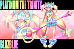 Rule 34 | 1girl, :p, arc system works, armpits, bell, blazblue, blazblue: continuum shift, blonde hair, bow, character name, copyright name, cowbell, gloves, green eyes, hair bow, hairband, heart, highres, long hair, low-tied long hair, muchourin, multiple personalities, navel, platinum the trinity, quad tails, ribbon, ryusuke1234, skirt, smile, solo, staff, symbol-shaped pupils, tongue, tongue out, two side up, v, very long hair, zoom layer