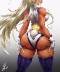 Rule 34 | 1girl, artist request, ass, ass grab, ass support, bare shoulders, boku no hero academia, breasts, dark-skinned female, dark skin, from behind, gloves, glowing, grabbing own ass, grey background, highres, huge ass, large breasts, leotard, long hair, mirko, muscular, muscular female, naughty face, rabbit girl, rabbit tail, sleeveless, smile, solo, thick thighs, thighhighs, thighs, tongue, tongue out, white gloves, white hair, white leotard
