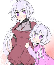 Rule 34 | 10s, 2girls, :&lt;, age difference, aged down, ahoge, arms behind back, black neckwear, blush, bow, breasts, choker, cleavage, closed mouth, collarbone, detached sleeves, dress, dress tug, dual persona, embarrassed, eyebrows, female focus, flat color, frown, gradient background, hair bow, height difference, hekikuu (kanaderuyume), impossible clothes, juliet sleeves, long hair, long sleeves, looking at viewer, low-tied long hair, medium breasts, multiple girls, pink bow, pink dress, pout, puffy short sleeves, puffy shorts, puffy sleeves, purple eyes, red bow, red dress, see-through, senki zesshou symphogear, short sleeves, shorts, silver hair, sketch, sweatdrop, time paradox, twintails, upper body, white background, yukine chris