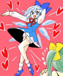 Rule 34 | 2girls, :d, arm behind head, bloomers, blue dress, blue footwear, blue hair, bow, cirno, clenched hands, commentary request, daiyousei, dress, flying sweatdrops, from behind, full body, green hair, hair bow, heart, highres, ice, ice wings, komaku juushoku, legs, long sleeves, looking at another, mary janes, multiple girls, open hand, open mouth, outstretched arm, pink background, ribbon, shirt, shoes, side ponytail, simple background, smile, socks, touhou, underwear, white legwear, white shirt, wings