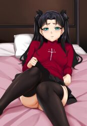 Rule 34 | 1girl, absurdres, aqua eyes, ass, bed, black bow, black hair, black thighhighs, blush, bow, breasts, clothes lift, commentary, commission, cross, english commentary, fate/stay night, fate (series), hair bow, highres, latin cross, lifting own clothes, long hair, looking at viewer, lying, medium breasts, on back, on bed, parted bangs, parted lips, pillow, skirt, skirt lift, solo, sweater, thighhighs, thighs, tohsaka rin, turtleneck, turtleneck sweater, two side up, xkit