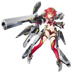 Rule 34 | 1girl, armored boots, artist request, bare shoulders, bikini, black panties, boots, bra, breasts, cosmic break, cosmic break 2, detached sleeves, drone, gun, headpiece, highres, holding, holding gun, holding weapon, long hair, looking at viewer, mecha musume, medium breasts, morizo cs, navel, nirukia, official art, panties, red bikini, red bra, red eyes, sidelocks, simple background, smile, stomach, swimsuit, thigh strap, thighhighs, third-party source, underwear, weapon, yellow eyes