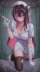 1girl :q alternate_costume azki_(hololive) bandaged_arm bandages bandaid bandaid_on_arm bandaid_on_leg bed_sheet black_thighhighs blush braid breasts brown_hair closed_mouth colored_inner_hair commentary_request curtains dirty dirty_clothes double-parted_bangs dress gloves hair_between_eyes hair_intakes hair_ornament hairpin hat heart heart-shaped_pupils high_heels highres hiiragi_melt holding holding_syringe hololive indoors large_breasts latex latex_gloves leg_up long_hair looking_at_viewer looking_back mole mole_under_eye multicolored_hair nurse nurse_cap pink_hair purple_eyes shaded_face shoe_dangle short_sleeves single_sidelock smile solo streaked_hair symbol-shaped_pupils syringe thighhighs tongue tongue_out torn_clothes torn_thighhighs very_long_hair virtual_youtuber white_dress white_footwear white_gloves white_hair yandere zettai_ryouiki