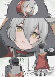 Rule 34 | 1girl, 1other, ?, ??, absurdres, afterimage, animal ears, arknights, black gloves, bright pupils, coat, comic, empty eyes, english text, gloves, grey hair, hair between eyes, heart, heart hands, height difference, highres, hood, hood down, hooded coat, long hair, looking at viewer, parted lips, projekt red (arknights), red coat, snoot challenge, speech bubble, standing, tail, tail wagging, wawamachi (wawamachis), wolf ears, wolf girl, wolf tail, yellow eyes