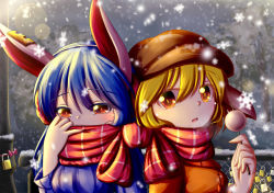 Rule 34 | 2girls, animal ears, blonde hair, blue hair, blush, bow, covering own mouth, dango, dior-zi, earclip, flat cap, floppy ears, food, grey background, hat, highres, lock, long hair, long sleeves, looking at viewer, multiple girls, open mouth, orange shirt, plaid, plaid scarf, rabbit ears, railing, red eyes, ribbed sweater, ringo (touhou), scarf, seiran (touhou), shared clothes, shared scarf, shirt, skewer, snowflakes, snowing, sweater, touhou, tree, upper body, wagashi