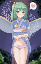 Rule 34 | 1girl, absurdres, alternate costume, aohane, blue kimono, blush, bow, bow panties, cameltoe, closed mouth, clothes lift, daiyousei, fairy wings, fireworks, floral print, green eyes, green hair, groin, hair bow, heart, highres, japanese clothes, kimono, kimono lift, lifted by self, looking at viewer, navel, night, one side up, panties, panty peek, pink panties, sash, short hair, solo, spoken heart, standing, thighs, touhou, transparent wings, tree, underwear, wings, yellow bow