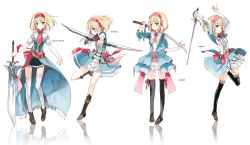 Rule 34 | 1girl, adapted costume, alice margatroid, arrow (projectile), bad id, bad pixiv id, black thighhighs, blonde hair, blue eyes, boots, bow (weapon), capelet, cierra (ra-bit), dress, full body, hairband, katana, looking at viewer, multiple views, ra-bit, rapier, short hair, short sleeves, simple background, sword, thighhighs, touhou, weapon, white background, white thighhighs, zettai ryouiki
