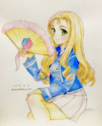 Rule 34 | 1girl, bc freedom (emblem), bc freedom military uniform, blonde hair, blue jacket, blue vest, blush, closed mouth, colored pencil (medium), commentary, dated, dress shirt, drill hair, emblem, folding fan, girls und panzer, green eyes, hand fan, hand on own knee, high collar, holding, holding fan, jacket, crossed legs, light blush, long hair, long sleeves, looking at viewer, marie (girls und panzer), military, military uniform, miniskirt, one-hour drawing challenge, pleated skirt, q-bee (aaru), shirt, sitting, skirt, smile, solo, texture, traditional media, translation request, twitter username, uniform, vest, white shirt, white skirt