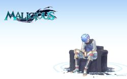 Rule 34 | 1boy, barefoot, blue hair, cape, chair, copyright name, detached pants, feet, highres, jewelry, male focus, malicious, sitting, solo, toe ring, toeless legwear, toes, valeria (malicious), wallpaper, white background