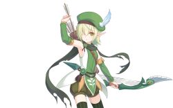 Rule 34 | 1girl, aoi (princess connect!), bow (weapon), drawing arrow, elf, green beret, green eyes, green hair, highres, holding, holding weapon, official art, pointy ears, princess connect!, quiver, scarf, tattered scarf, torn clothes, torn scarf, transparent background, weapon