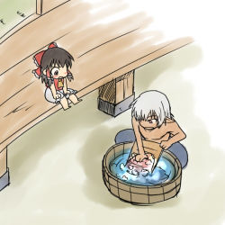 Rule 34 | 00s, bad id, bad pixiv id, barefoot, black hair, bloomers, blush, bow, buront, chibi, child, crossover, elf, elvaan, final fantasy, final fantasy xi, hair bow, hakurei reimu, japanese clothes, koraku gekki, laundry, pointy ears, topless male, silver hair, the iron of yin and yang, touhou, underwear, washpan, aged down
