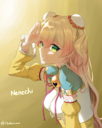 Rule 34 | 1girl, absurdres, aqua capelet, bell, blonde hair, bun cover, capelet, character name, chinese clothes, cropped shirt, detached sleeves, double bun, dress, eyelashes, flushienime, frilled sleeves, frills, from side, gradient background, gradient hair, green eyes, grin, hair bun, highres, hololive, jingle bell, juliet sleeves, long hair, long sleeves, looking at viewer, mixed-language commentary, momosuzu nene, multicolored hair, neck bell, neck ribbon, pink hair, puffy sleeves, ribbon, salute, shirt, sideways glance, smile, solo, twitter username, two side up, upper body, virtual youtuber, white shirt, wide sleeves, yellow background, yellow dress, yellow sleeves