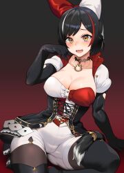 Rule 34 | 1girl, absurdres, black choker, black gloves, black hair, black thighhighs, blush, bow, breasts, brown eyes, card, choker, cleavage, elbow gloves, gloves, hair bow, highres, hololive, jun tsugumi, large breasts, looking at viewer, ookami mio, ookami mio (wonderland), open mouth, pantyhose, playing card, puffy short sleeves, puffy sleeves, red hair, short hair, short sleeves, simple background, sitting, solo, tail, tail around own leg, thighhighs, virtual youtuber, white hair, wolf girl, wolf tail