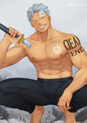 Rule 34 | 1boy, abs, andy (undead unluck), bara, barefoot, black pants, grey hair, highres, holding, holding sword, holding weapon, large pectorals, male focus, muscular, muscular male, navel, nipples, pants, pectorals, short hair, smile, solo, squatting, sword, teeth, topless male, uhai, undead unluck, weapon