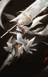 Rule 34 | 1girl, armor, blonde hair, cape, closed mouth, falling feathers, fantasy, feathers, female knight, greaves, hair over one eye, head wings, highres, holding, holding sword, holding weapon, huge weapon, knight, long hair, original, over shoulder, pointy ears, red eyes, solo, sword, tuda6, vambraces, weapon, weapon over shoulder, white cape, white feathers, wings
