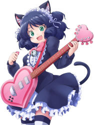 Rule 34 | 1girl, animal ears, bell, blue dress, blue hair, bow, bowtie, cat ears, cat tail, commentary, cowboy shot, cyan (show by rock!!), dot nose, dress, drill hair, fang, frilled dress, frills, green eyes, guitar, heart, heart guitar, highres, holding, holding instrument, iguchi (strawmat), instrument, juliet sleeves, long sleeves, looking at viewer, maid headdress, music, open mouth, pink bow, pink bowtie, playing instrument, plectrum, puffy sleeves, show by rock!!, simple background, smile, solo, striped clothes, striped thighhighs, tail, thighhighs, white background