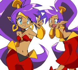 bikini bikini_top_only blue_eyes bracelet choker dark-skinned_female dark_skin earrings gold_bracelet gold_earrings gold_tiara hand_on_own_face jewelry long_hair navel open_mouth pants ponytail purple_hair red_pants shantae shantae_(series) surprised swimsuit v yen0028