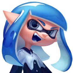 Rule 34 | 1girl, blue hair, blunt bangs, buttons, child, collared shirt, fangs, female focus, flat chest, grey eyes, happy, highres, inkling, inkling girl, inkling player character, long hair, long sleeves, looking at viewer, miitara, multicolored shirt, nintendo, open mouth, pointy ears, shirt, sidelocks, simple background, smile, solo, splatoon (series), teeth, tentacle hair, tentacles, two-tone shirt, upper body, white background