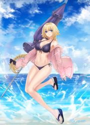 Rule 34 | 1girl, artist name, bad id, bad pixiv id, beach, bikini, black bow, blonde hair, blue bikini, blue eyes, blue sky, blush, bow, braid, breasts, cleavage, closed mouth, cloud, cloudy sky, collarbone, day, fate/grand order, fate (series), front-tie bikini top, front-tie top, full body, hair bow, highres, hood, hoodie, jeanne d&#039;arc (fate), jeanne d&#039;arc (ruler) (fate), jeanne d&#039;arc (white cruising) (fate), large breasts, long hair, looking at viewer, mhg (hellma), navel, ocean, open clothes, open hoodie, outdoors, side-tie bikini bottom, sidelocks, signature, single braid, sky, slippers, smile, solo, swimsuit, tareme, thighs, very long hair