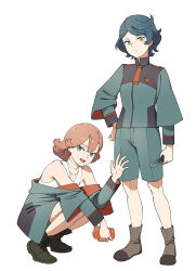 Rule 34 | 2girls, asticassia school uniform, bare shoulders, blue eyes, blue hair, boots, brown footwear, choker, closed mouth, full body, green eyes, green jacket, green shorts, gundam, gundam suisei no majo, hair between eyes, hand on own hip, hand up, handheld game console, highres, holding, holding handheld game console, holding knife, jacket, knife, long sleeves, looking at viewer, multiple girls, norea du noc, off shoulder, open mouth, orange hair, school uniform, shirt, short hair, shorts, simple background, smile, sophie pulone, squatting, standing, sun 4x3, white background, white choker, white shirt, wide sleeves
