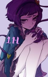 Rule 34 | 1girl, collar, completion time, crossed ankles, frilled collar, frilled shirt collar, frilled sleeves, frills, grey background, hair ornament, hairband, heart, heart hair ornament, highres, holding, knees to chest, komeiji satori, legs, long sleeves, looking at viewer, nervous, purple eyes, purple hair, shade, short hair, simple background, sitting, solo, thighs, thupoppo, touhou