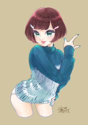 Rule 34 | 1girl, :p, \m/, absurdres, blue nails, blue sweater, blush, bob cut, brown hair, copyright request, cowboy shot, cropped legs, dated, fingernails, geshumaro, green eyes, hair ornament, hairclip, hand on own hip, hand up, highres, long sleeves, looking at viewer, nail polish, short hair, signature, simple background, smile, solo, sweater, tongue, tongue out, yellow background