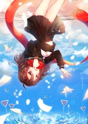 Rule 34 | 1girl, black skirt, blush, brown hair, enpera, hair ornament, hairclip, kagerou project, long hair, looking at viewer, neckerchief, red eyes, red scarf, scarf, shina (sbk951121), skirt, smile, solo, tateyama ayano, upside-down, white neckerchief