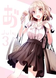 Rule 34 | 1girl, bad id, bad twitter id, bag, black eyes, blonde hair, blush, breasts, cowboy shot, dated, food, food on clothes, handbag, haruka natsuki, ice cream, ice cream cone, jewelry, necklace, open mouth, original, pleated skirt, shopping bag, short hair, simple background, skirt, solo